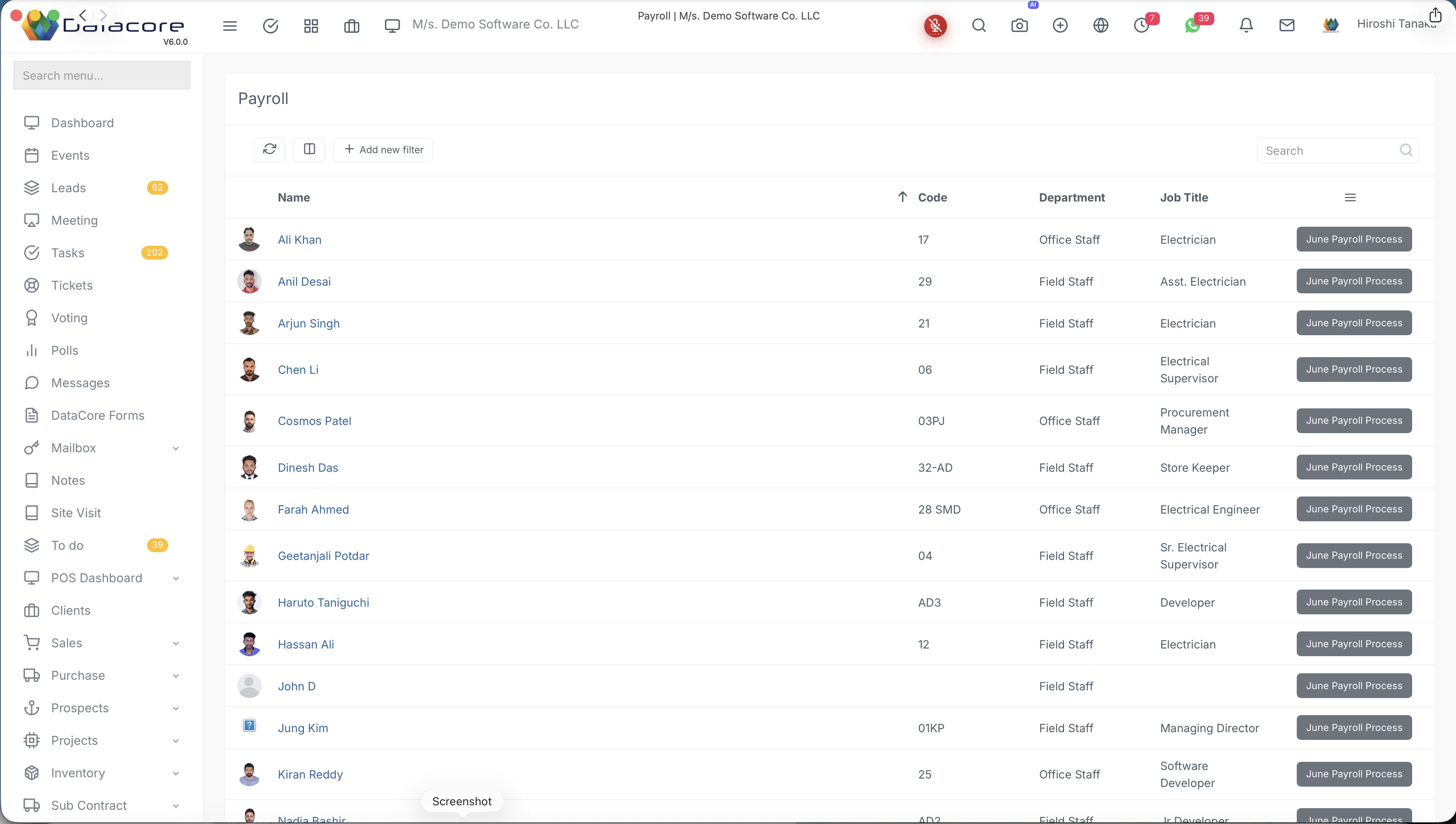 HR and Payroll screen