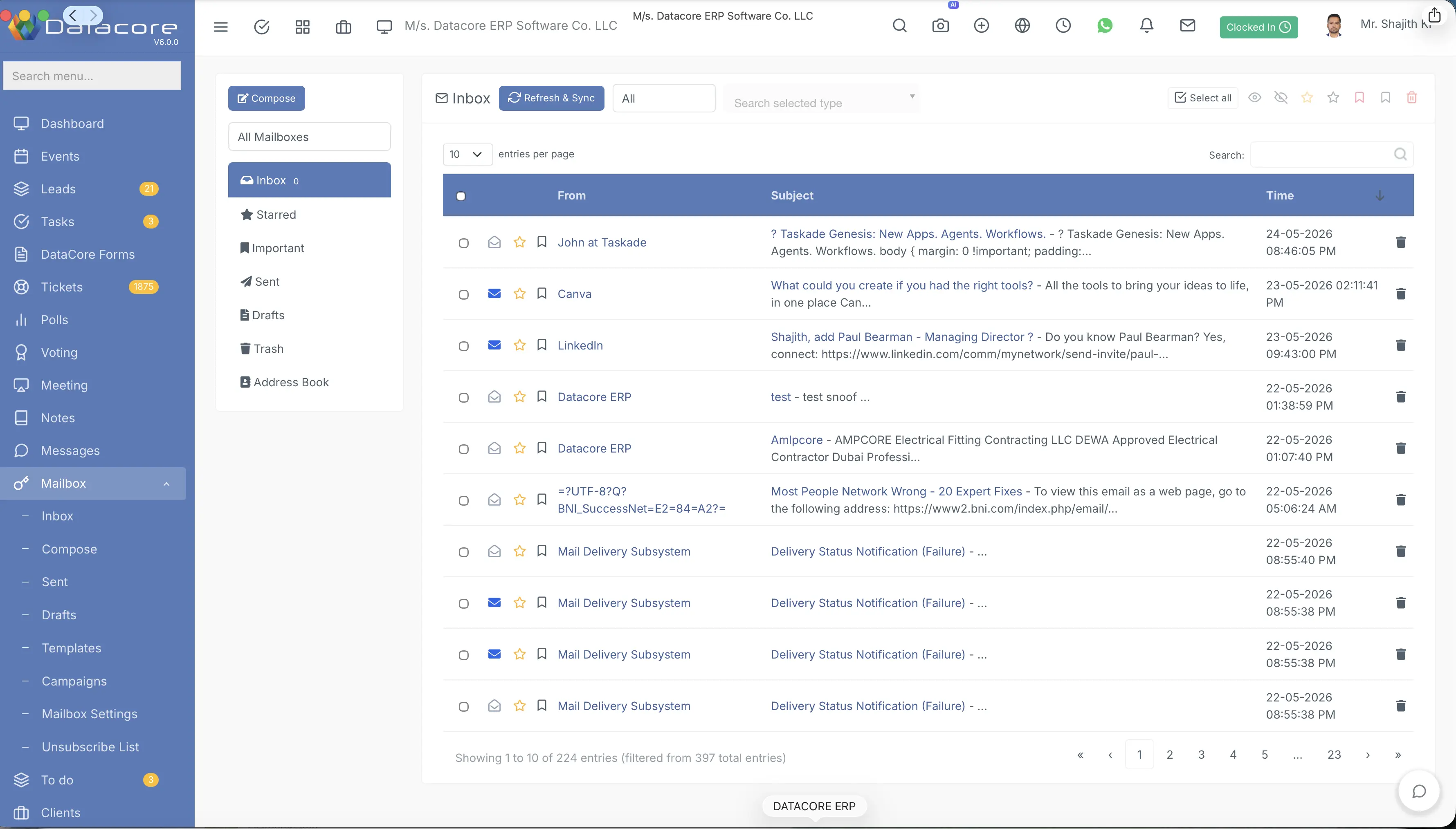 Mailbox and email campaign module screen