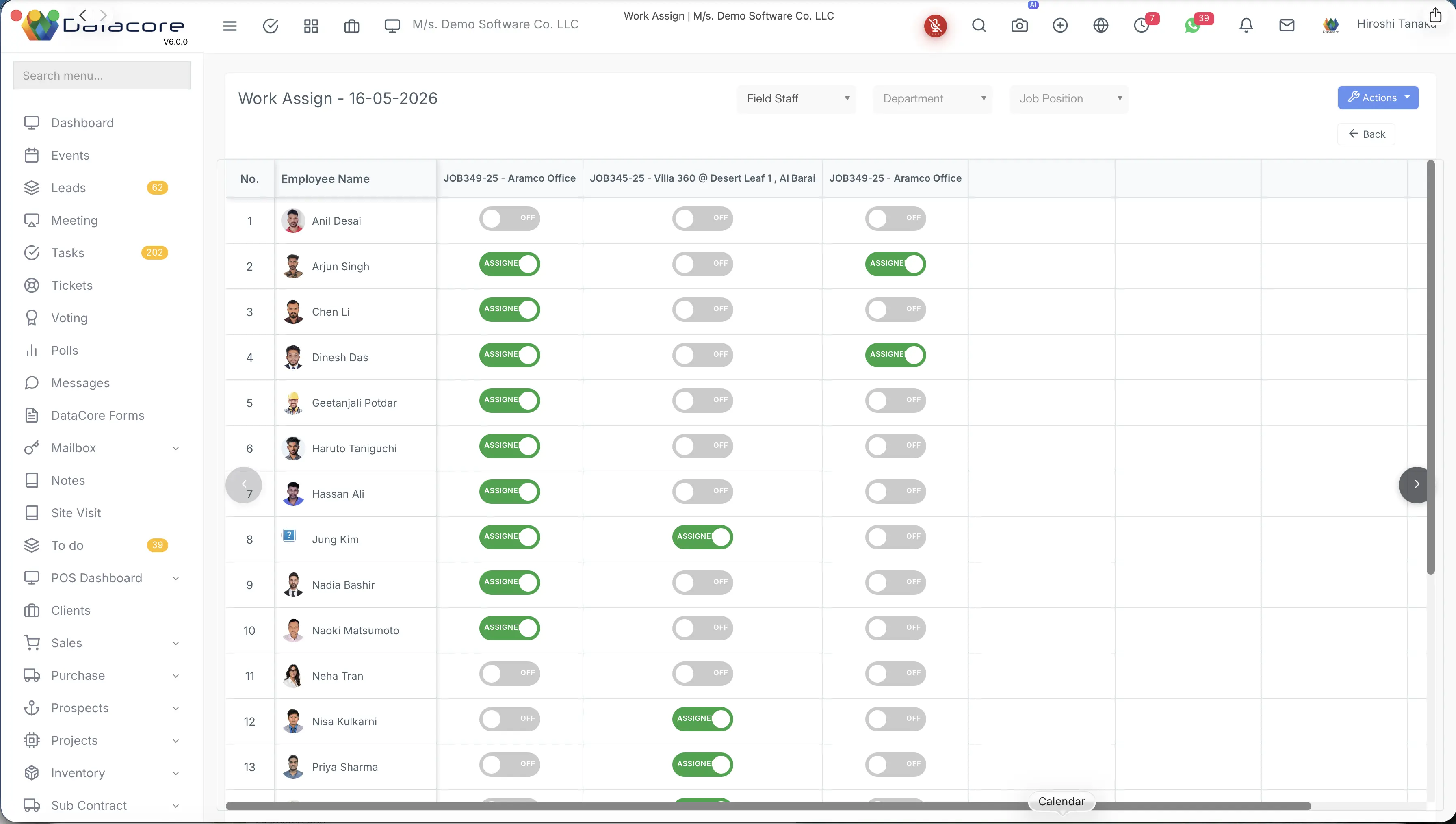 Site work assignment screen